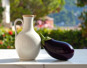 Still life featuring a white jug and a vibrant eggplant on a sunny day Generative AI