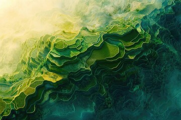 Aerial view of vibrant green rice terraces sculpted into rolling hills, misty morning light.