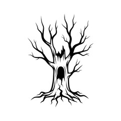 Vector art of silhouette of a haunted tree with a mysterious hollow trunk, evoking a sense of eerie enchantment