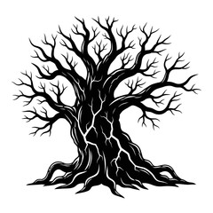 Vector art of detailed silhouette of a large, old tree with intricate branches, , representing strength and wisdom