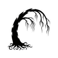 Vector art of silhouette of a spooky, leaning tree with bare branches, ideal for halloween themes and eerie designs