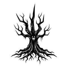 Vector art of spooky tree with a face silhouette of a scary tree with a face in the trunk and bare branches in black