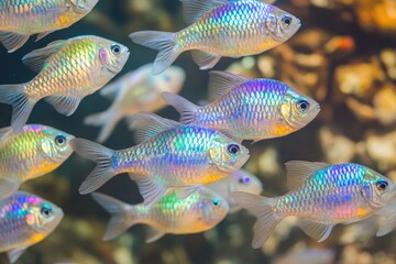Fototapeta premium A school of iridescent fish, shimmering with vibrant blues and purples, swim together in an aquatic environment.