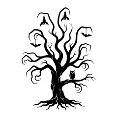 Vector art of spooky halloween tree with bats and owl silhouette of a scary tree with hanging bats and an owl sitting on a branch