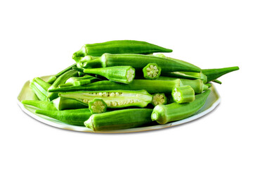 fresh cut and whole green Lady Fingers or Okra vegetable in plate, cutout in transparent background, png format