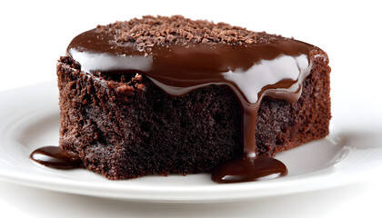 Chocolate cake with rich ganache topping, isolated on white, perfect for bakery menus and sweet dessert promotions
