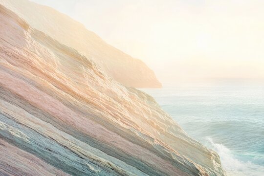 Serene coastal cliff face bathed in soft sunlight, layered rock formations meet tranquil ocean waves. - Powered by Adobe