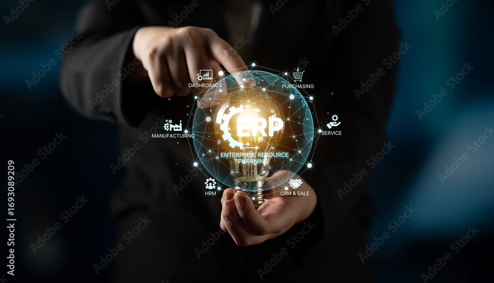 Poster erp platform visual showing centralized system for enterprise resource planning, improving integrati