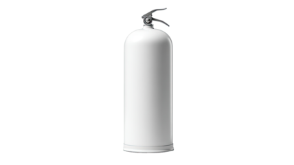 A full white fire extinguisher.  Solid, cylindrical shape, with a metal nozzle.  Clean, simple design