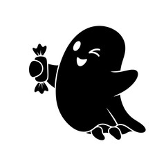 Vector art of spooky ghost holding a wrapped candy, a silhouette illustration perfect for halloweenthemed designs and decorations