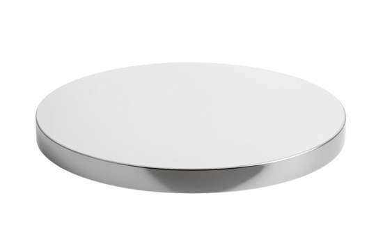 A high-angle, full shot of a simple, round, white disc.  Smooth surface, no texture visible.  Slight bevel around the edge