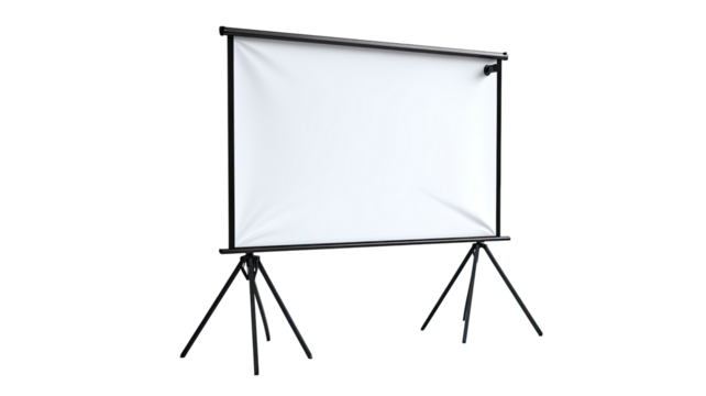 A blank white projection screen on a dark stand