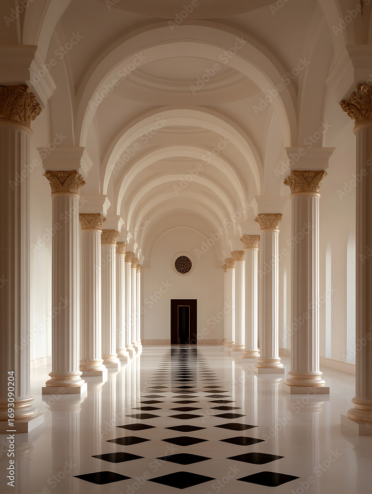 Aufkleber elegant architectural view with symmetrical columns, arches, and a checkered floor leading to a door