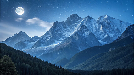 Majestic crystal mountains gleaming under the ethereal glow of the full moon