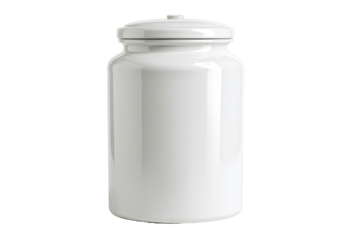 A glossy, white ceramic jar with a lid
