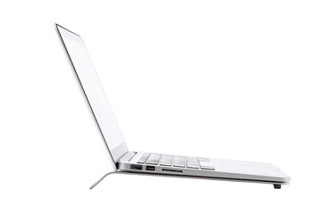 Profile view of a light gray laptop computer.  The laptop is angled, displaying a blank screen and keyboard.  It has a simple, sleek design