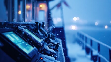 Control panel on a boat in winter, with a snow-covered environment and soft lights