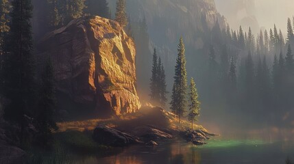 Idyllic mountain lake with towering rock formation and lush coniferous forest backdrop