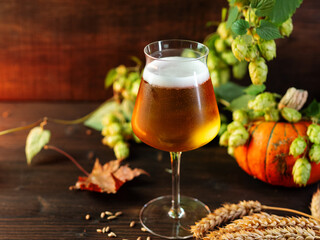 Cold beer in a stylish glass on a wooden table. Green branches and cones of hops and pumpkin. Oktoberfest concept, copy space