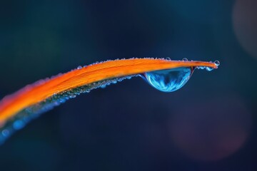 A vibrant orange leaf delicately holds a glistening dewdrop, reflecting the surrounding blue hues.