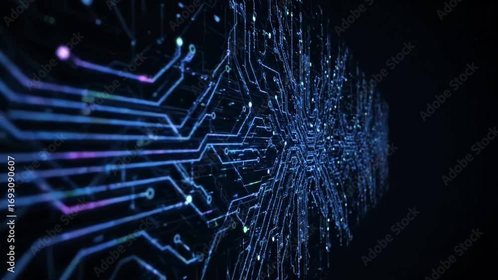Poster futuristic circuit technology with glowing blue lines, digital abstract electronic pattern backgroun