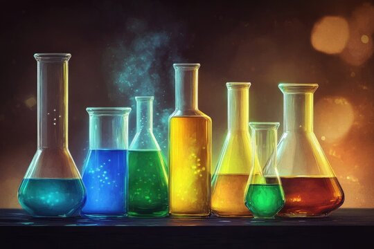 A digital painting of various glass laboratory flasks filled with colorful liquids, glowing subtly, arranged on a dark surface. - Powered by Adobe