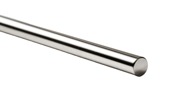 High-polish, cylindrical metal rod. Smooth, reflective surface. Rounded ends. Industrial grade - Powered by Adobe