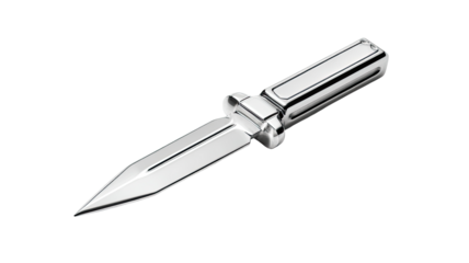 A stylized, metallic fixed-blade knife.  Its handle and blade are a polished, bright silver/chrome.  The blade is pointed and the handle is rectangular