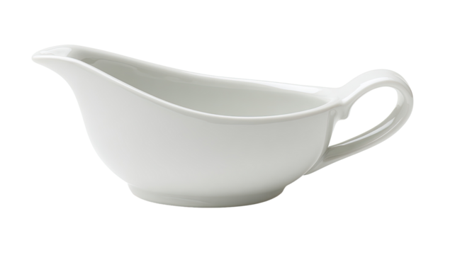 Small, white ceramic gravy boat with curved spout and handle