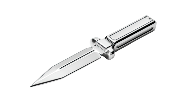 A stylized, metallic fixed-blade knife.  Its handle and blade are a polished, bright silver/chrome.  The blade is pointed and the handle is rectangular