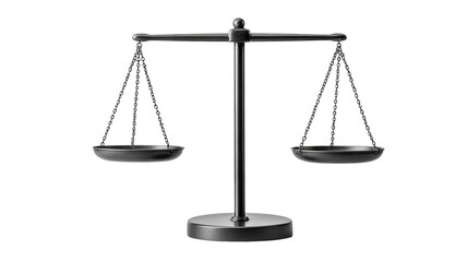 A stylized illustration of a balanced scale.  Dark metal scales with  bowls on either end.  Silhouette