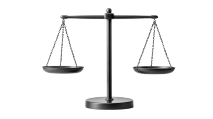 A stylized illustration of a balanced scale.  Dark metal scales with  bowls on either end.  Silhouette