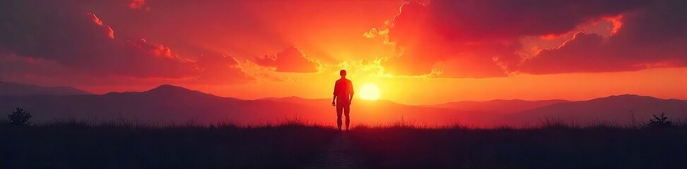 Obraz premium Silhouette of a lone figure standing against a vibrant, fiery sunset, casting a long shadow across the landscape Perfect for themes of solitude, peace, and the end of day , orange, serene, peace