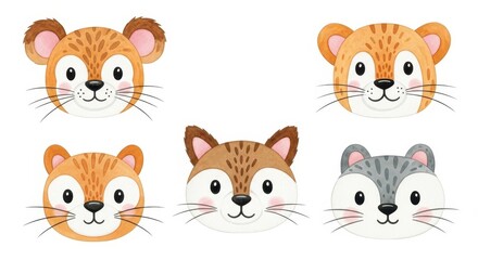 Fototapeta premium Collection of Cute Cartoon Animal Faces for Childrens Designs