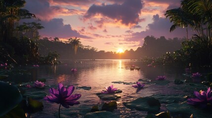 Tranquil lotus pond at sunset, a serene landscape reflecting nature's beauty and gentle light, a