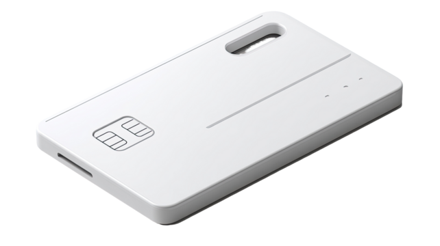 White, credit-card-sized device;  shows  chip and slots