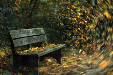 A solitary wooden bench sits in an autumnal park, covered in fallen leaves, with a swirling motion blur effect highlighting the season's change.