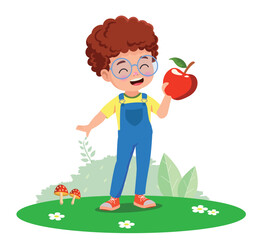 Happy Boy Holding a Red Apple in a Garden