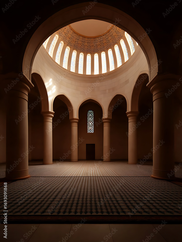 Aufkleber ornate architecture with arches, columns, and geometric patterns. light filters through the dome, hi