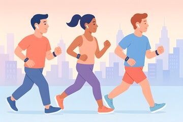 Running into Fitness: Illustration of three diverse individuals, each engaged in a morning jog, showcases the joy of outdoor exercise and the pursuit of a healthy lifestyle in a minimalist.