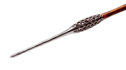 Close-up of a pointed wand.  Dark brown wooden shaft with  metal,  faceted  knob at the handle.  Shiny silver tip