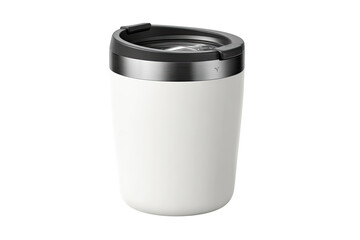 White insulated travel mug with dark gray lid
