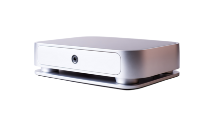 Sleek, light gray, rectangular audio device with a small drawer.  Elevated on small, rounded feet