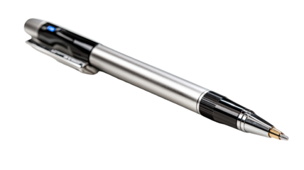 Sleek, silver-toned pen with black accents.  Features a retractable design.  A small, light-blue element is visible near the top.  High-quality, modern writing instrument
