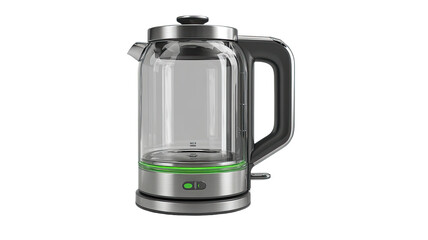 Modern, sleek electric kettle with a clear glass body and gray accents.  A green light ring highlights the base