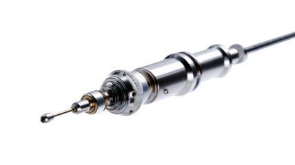 High-precision, metallic instrument with multiple components.  A long, slender shaft extends from a central, cylindrical unit.  Several small, round parts are visible within the cylinder.