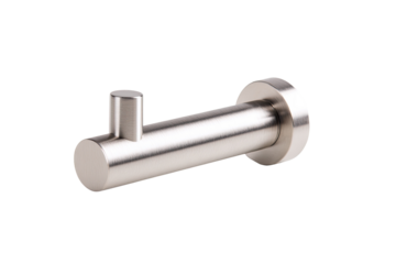 Brushed stainless steel wall hook.  Small, modern, cylindrical design.  Circular base and angled hook.  Simple, minimalist aesthetic