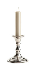 A single, white candle in a polished, silver-toned candleholder