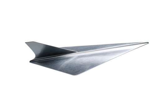 A metallic, polished paper airplane, angled