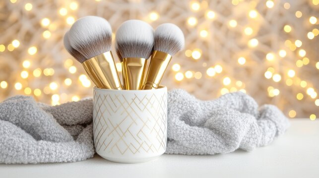 Elegant makeup brushes in holder with geometric design and soft sweater backdrop and bokeh lights